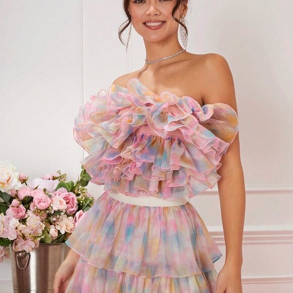 Pink PreppyWomens Summer Blurred Floral Layered Ruffle Top - Picture 4 of 5